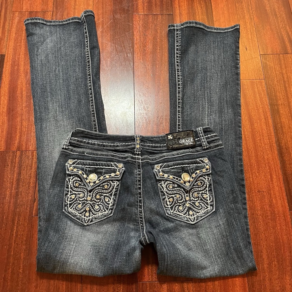 Grace in LA Jeans Womens 11/29 31x33 Blue Dark Wash Distressed Bootcut Grunge